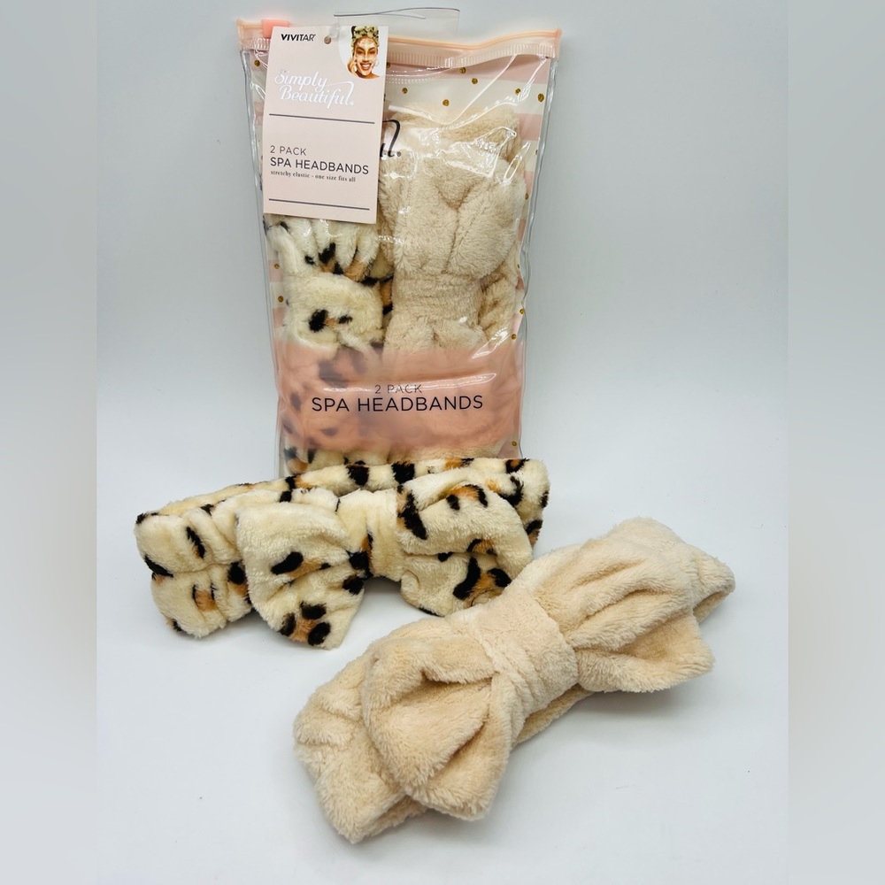 Vivitar Plush Leopard/Crème Bowknot Spa Headbands Set of 2 NWT - Picture 4 of 4